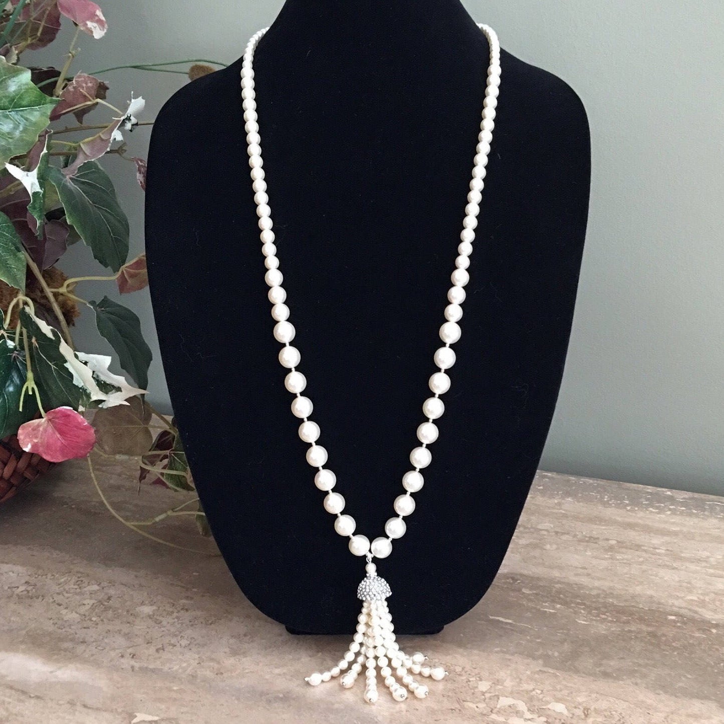Long Pearl Necklace with Silver Rhinestone tassel Flapper Necklace graduated sizes Crystal pearls Cream Ivory Gifts for Her