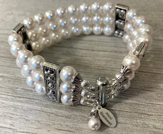 Wide Pearl Bracelet in 3 strands of White glass pearls choice of color…by Alexi Blackwell Bridal