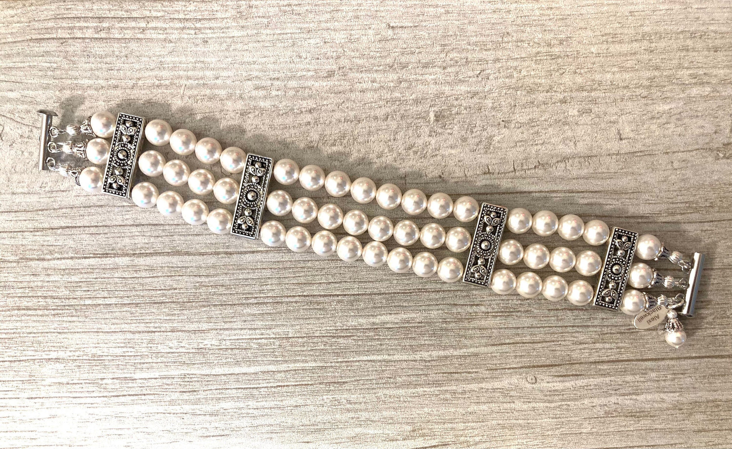 Wide Pearl Bracelet in 3 strands of White glass pearls or your choice of color Antique silver details vintage style wedding bracelet gift