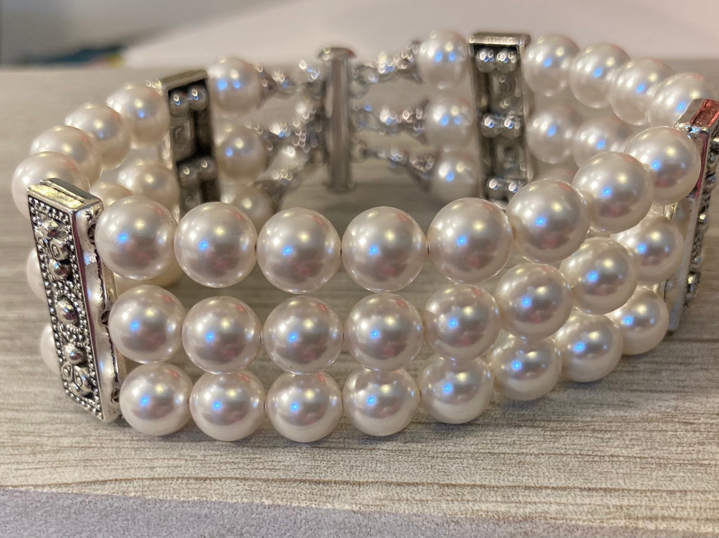 Wide Pearl Bracelet in 3 strands of White glass pearls or your choice of color Antique silver details vintage style wedding bracelet gift