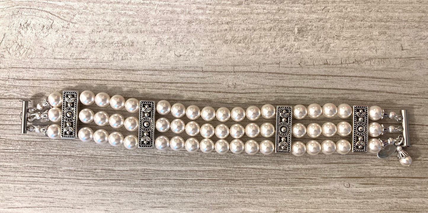 Wide Pearl Bracelet in 3 strands of White glass pearls or your choice of color Antique silver details vintage style wedding bracelet gift