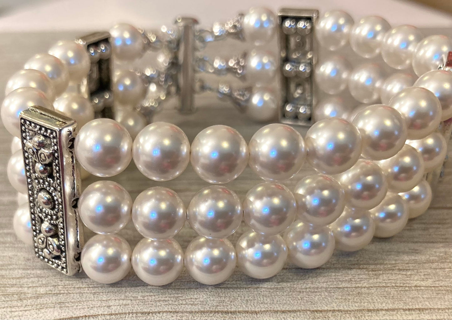 Wide Pearl Bracelet in 3 strands of White glass pearls or your choice of color Antique silver details vintage style wedding bracelet gift