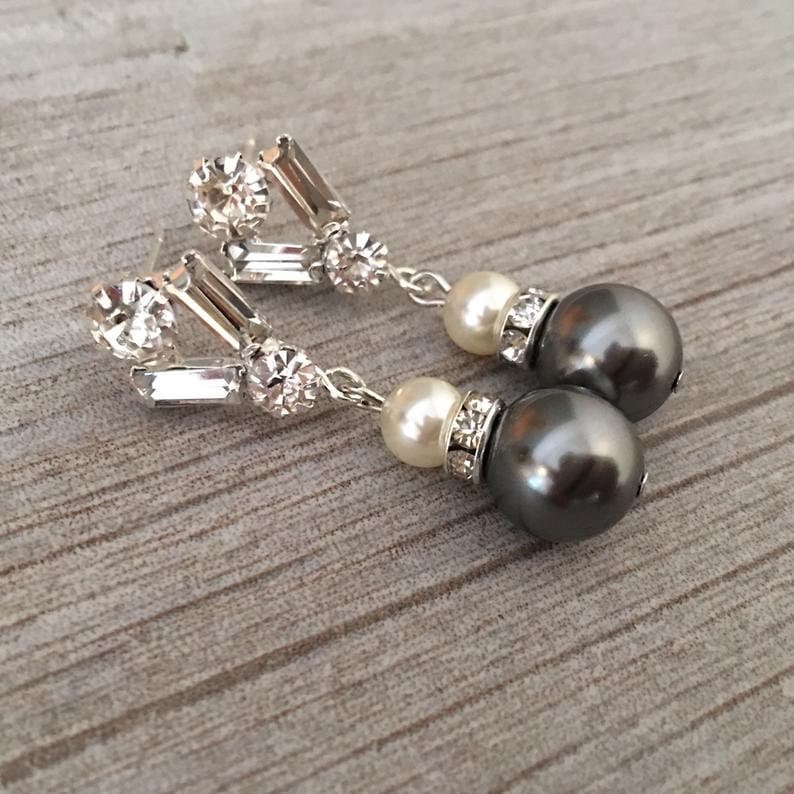 Charcoal Grey Pearl Earrings in Dark Grey and Cream Crystal Pearls Baguette rhinestone earring posts gray or your choice of color wedding