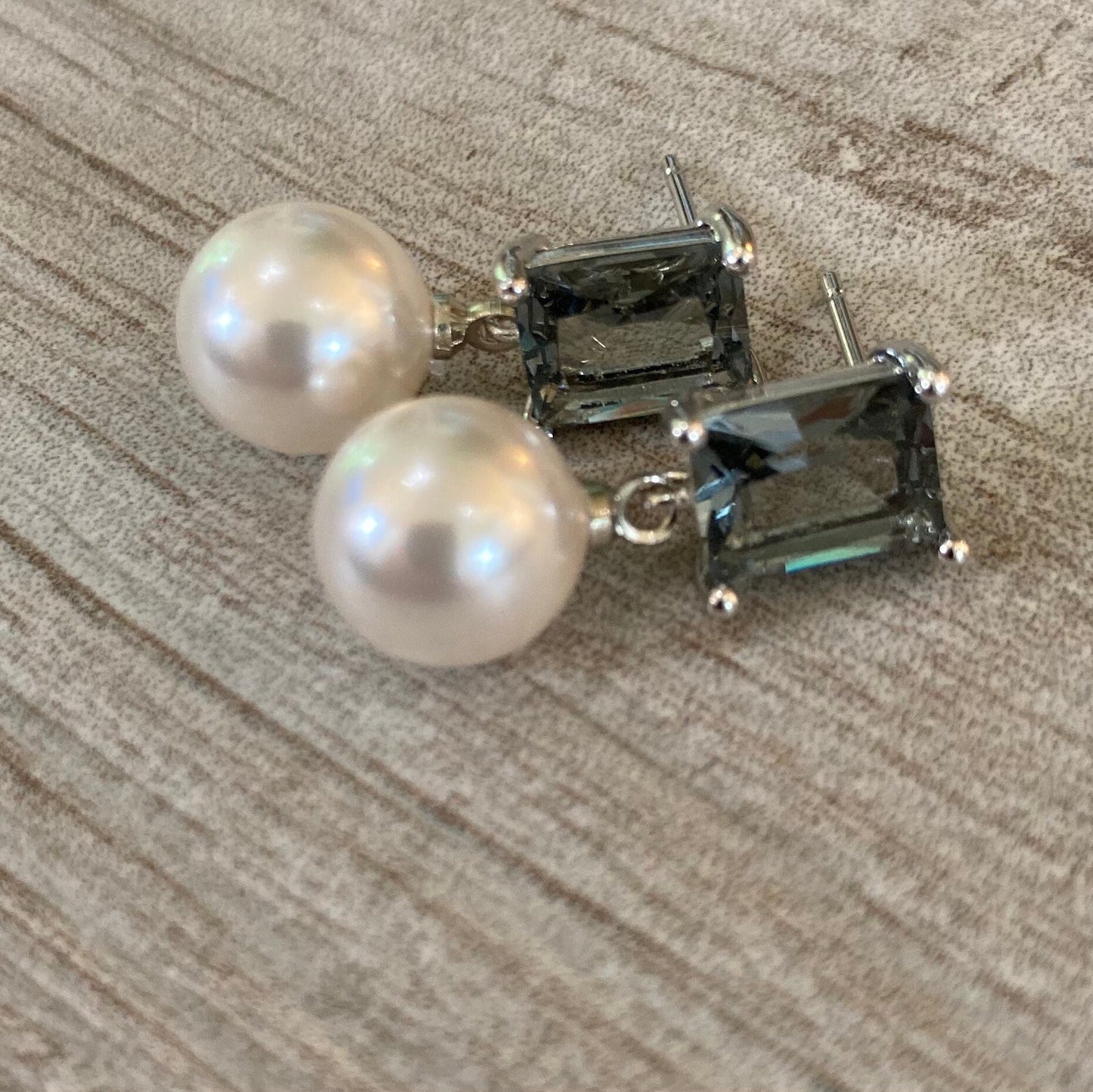 Gray Rhinestone Earrings Pearl Earrings with Silver Emerald Cut rhinestone post and White Pearl wedding mother of the bride