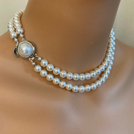 Crystal Pearl Necklace Earrings Set with Pearl Stud Earrings 2 Strands in White or Cream with silver clasp wedding jewelry bridesmaids gift