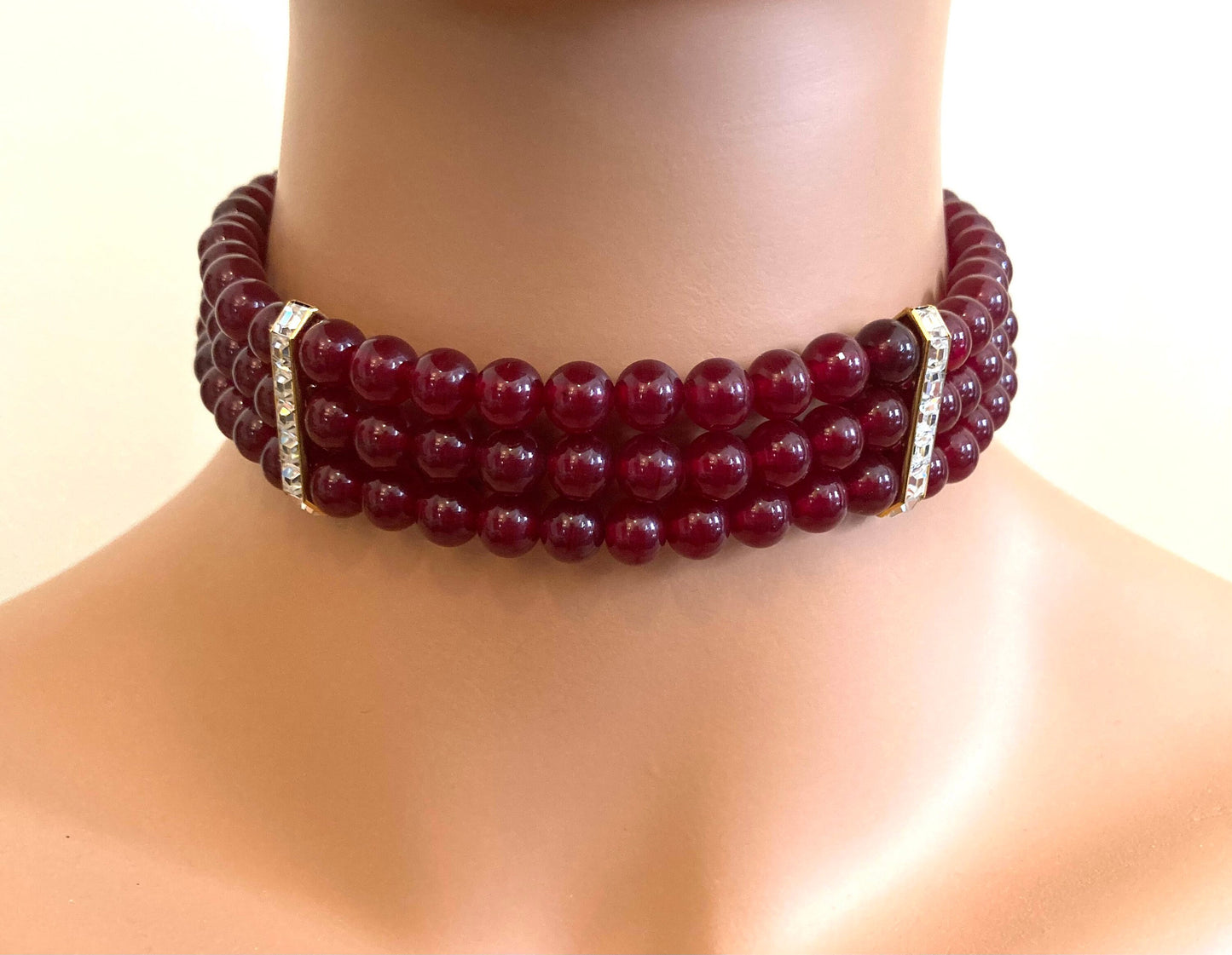 Red Choker Necklace with Gold Rhinestone bar accents adjustable made of cranberry red glass beads from Japan Cherry Brand vintage