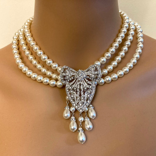 Edwardian Pearl Necklace with Art Deco Brooch in Clear Rhinestone and silver 3 strands crystal pearls Historic jewelry Gatsby wedding bridal