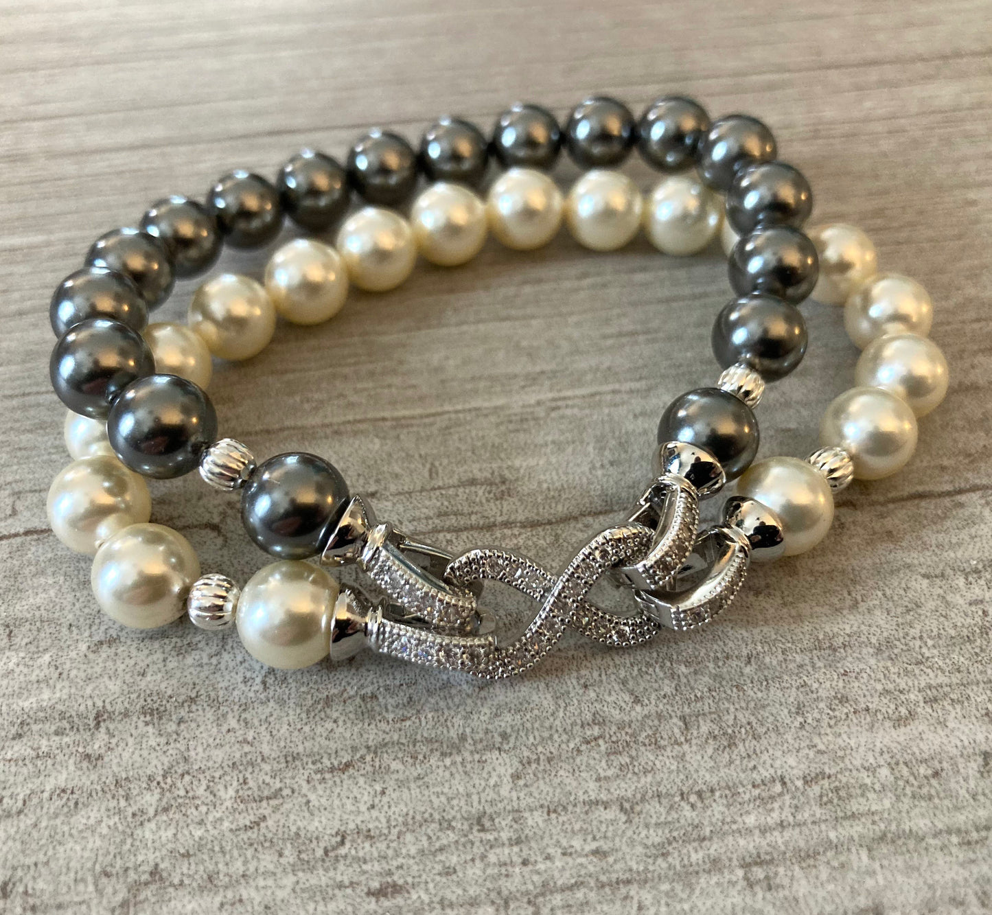 Gray Pearl Bracelet with Cream Ivory double strand crystal pearls wear 1 or both strands for Mother's Day gifts mother of the bride wedding