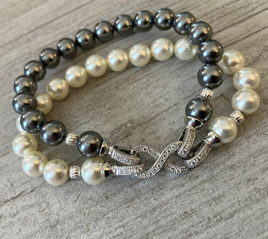 Gray Pearl Bracelet with Cream Ivory double strand crystal pearls wear 1 or both strands for Mother's Day gifts mother of the bride wedding