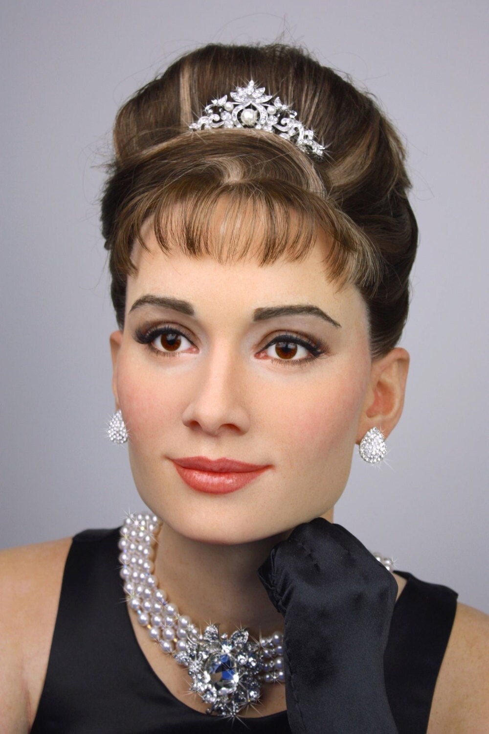 Audrey Necklace in Swarovski Pearls that drape down the back 4 multi strands with Brooch like Holly in the movie