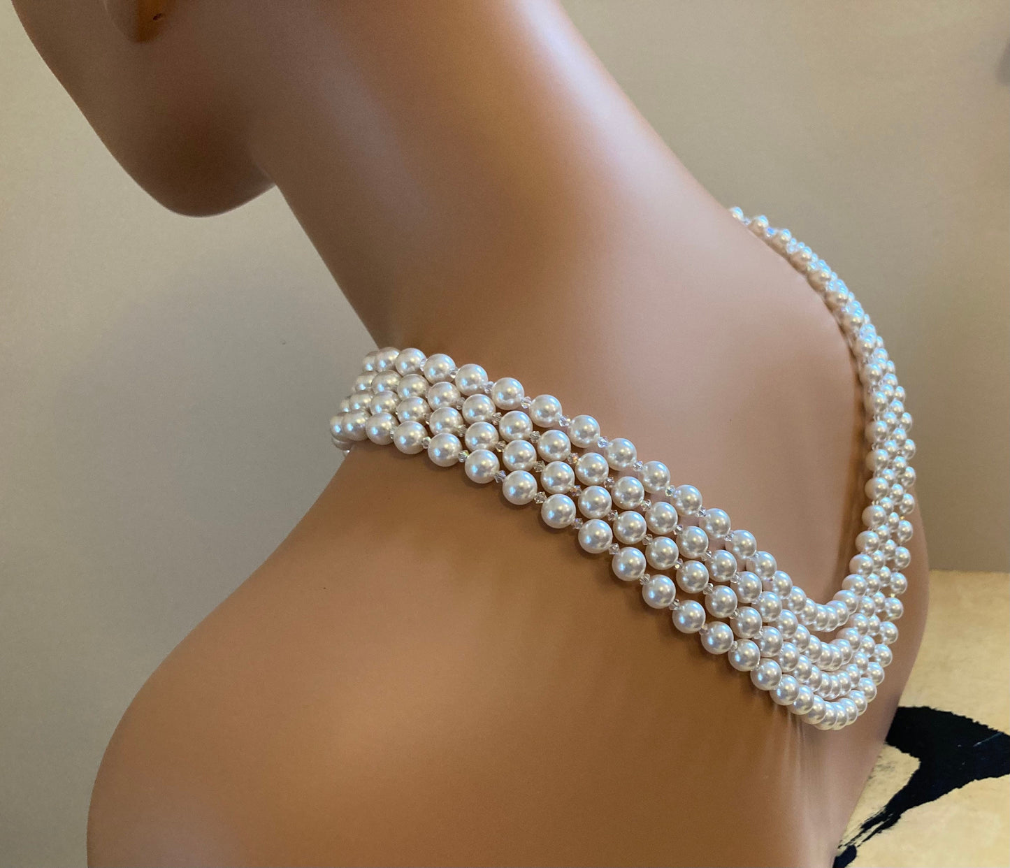 Audrey Necklace in Swarovski Pearls that drape down the back 4 multi strands with Brooch like Holly in the movie