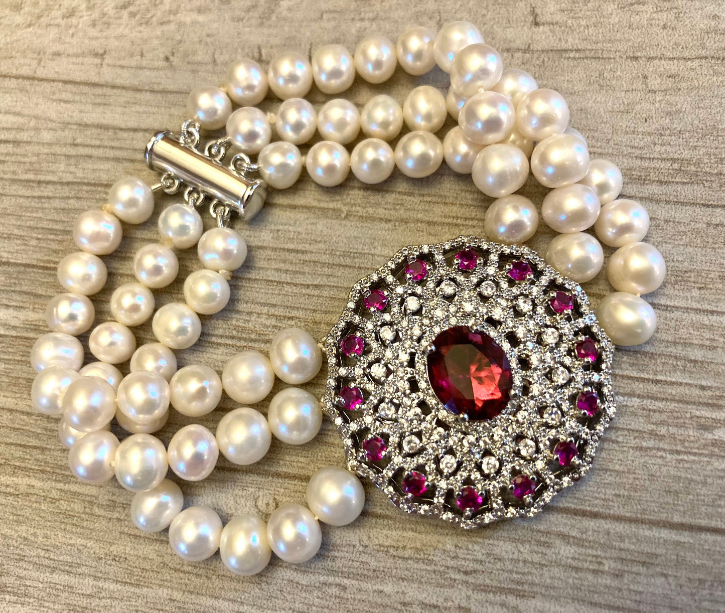 Art Deco Bracelet with real pearls and Ruby Red rhinestone focal real pearl bracelet red rhinestone and clear CZ rhinestones in silver tone 8 inches