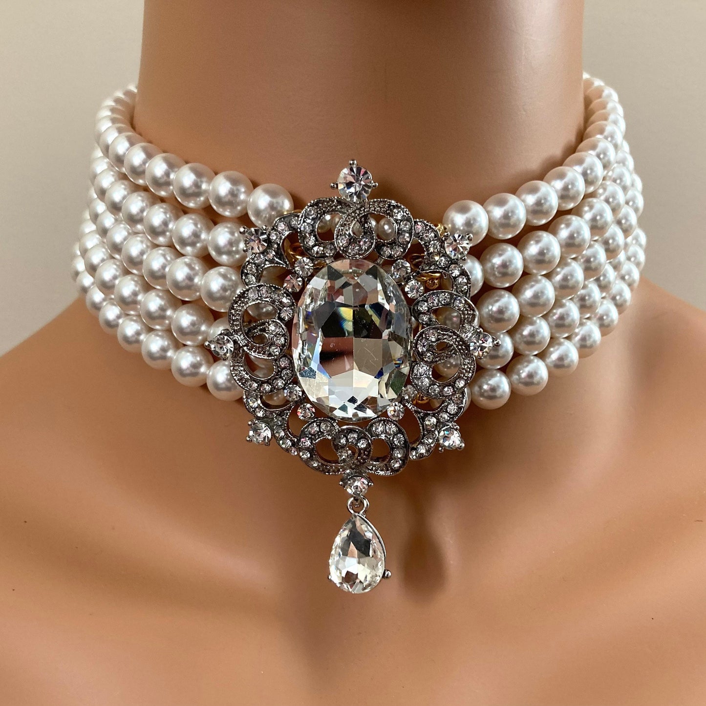 Pearl Choker Necklace with silver Rhinestone Brooch focal 5 strands layered White Crystal Pearls with Backdrop Extender wedding jewelry