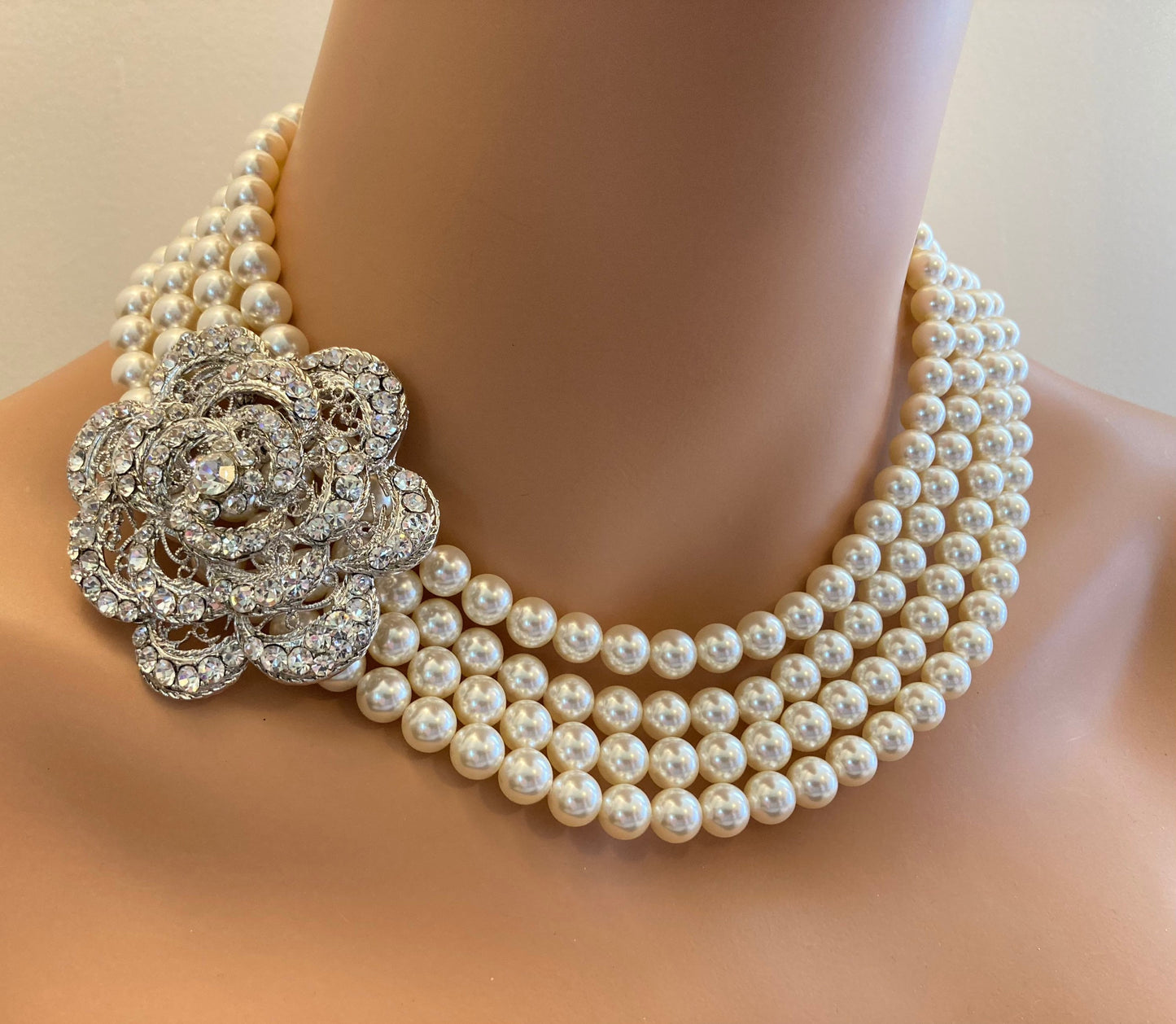Pearl Necklace Set with Brooch and Earrings Wedding Jewelry Set multi strand Crystal pearls cream ivory or your color mother of the bride