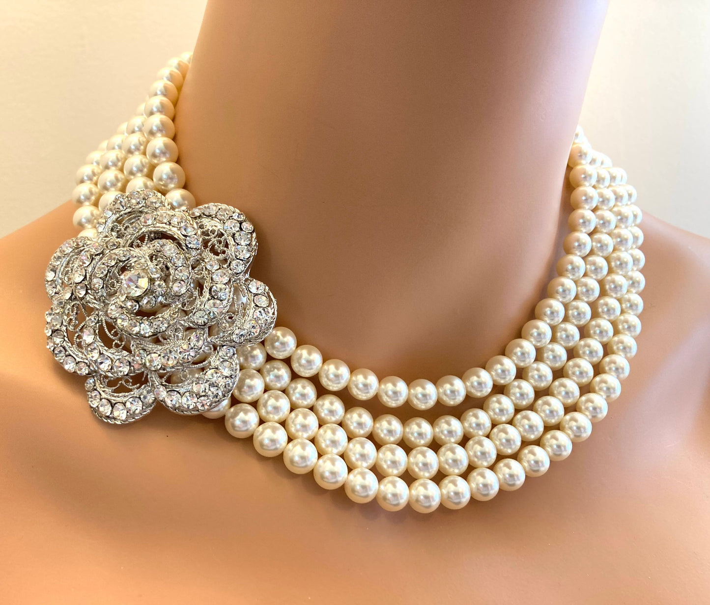 Pearl Necklace Set with Brooch and Earrings Wedding Jewelry Set multi strand Crystal pearls cream ivory or your color mother of the bride