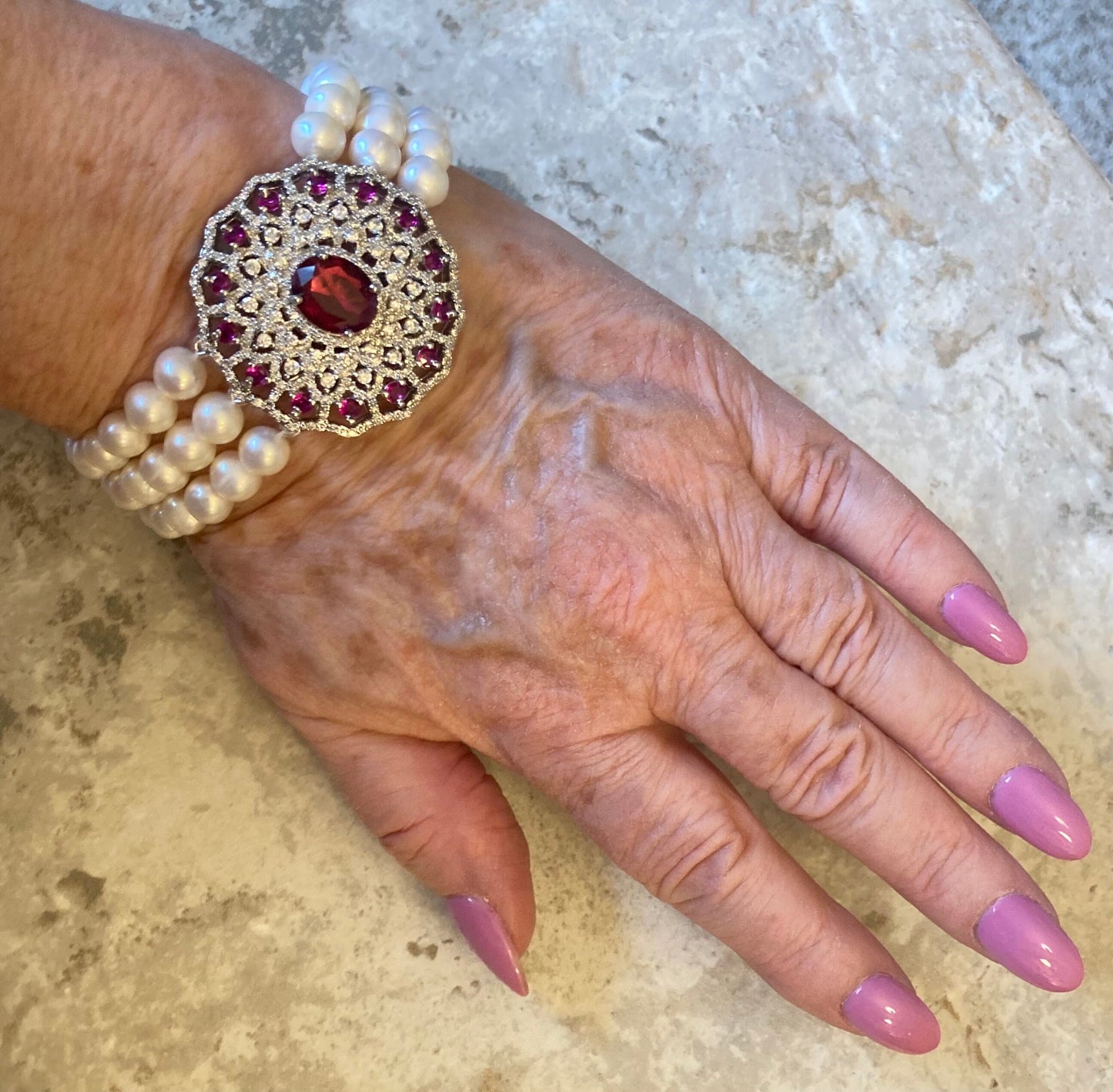 Art Deco Bracelet with real pearls and Ruby Red rhinestone focal real pearl bracelet red rhinestone and clear CZ rhinestones in silver tone 8 inches