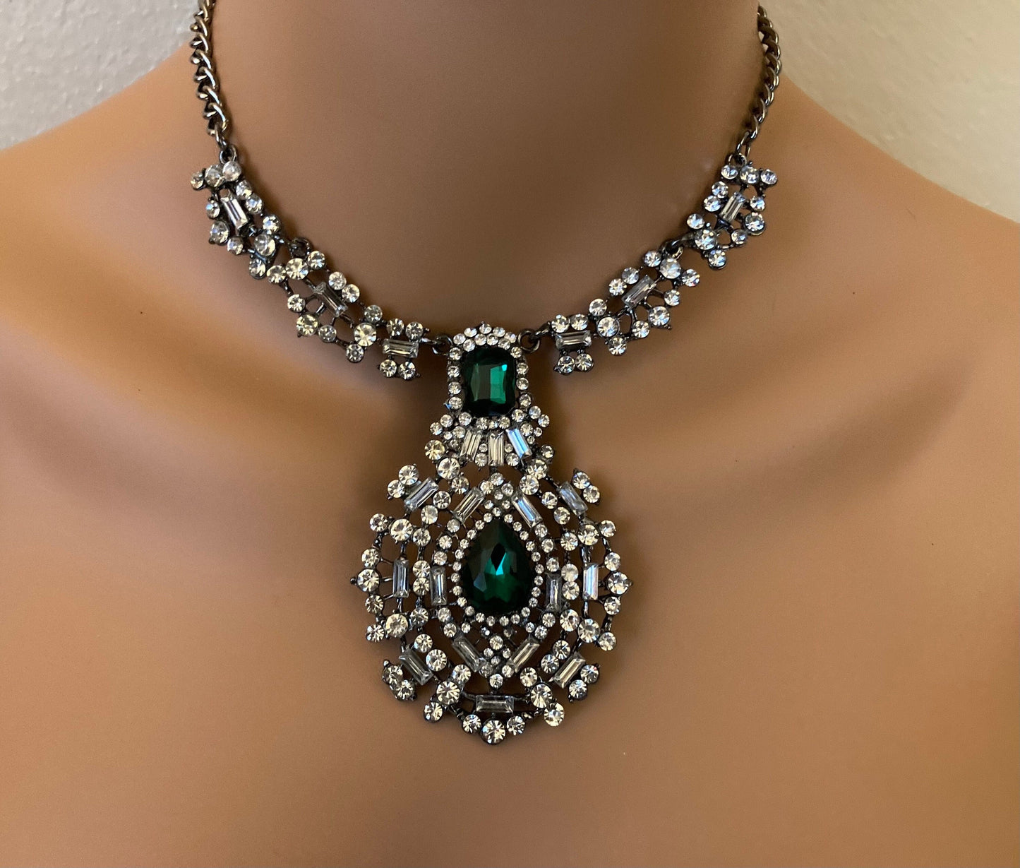 Green  Rhinestone Necklace Statement Necklace Emerald Green Rhinestones adjustable length wedding necklace formal party mother of the bride