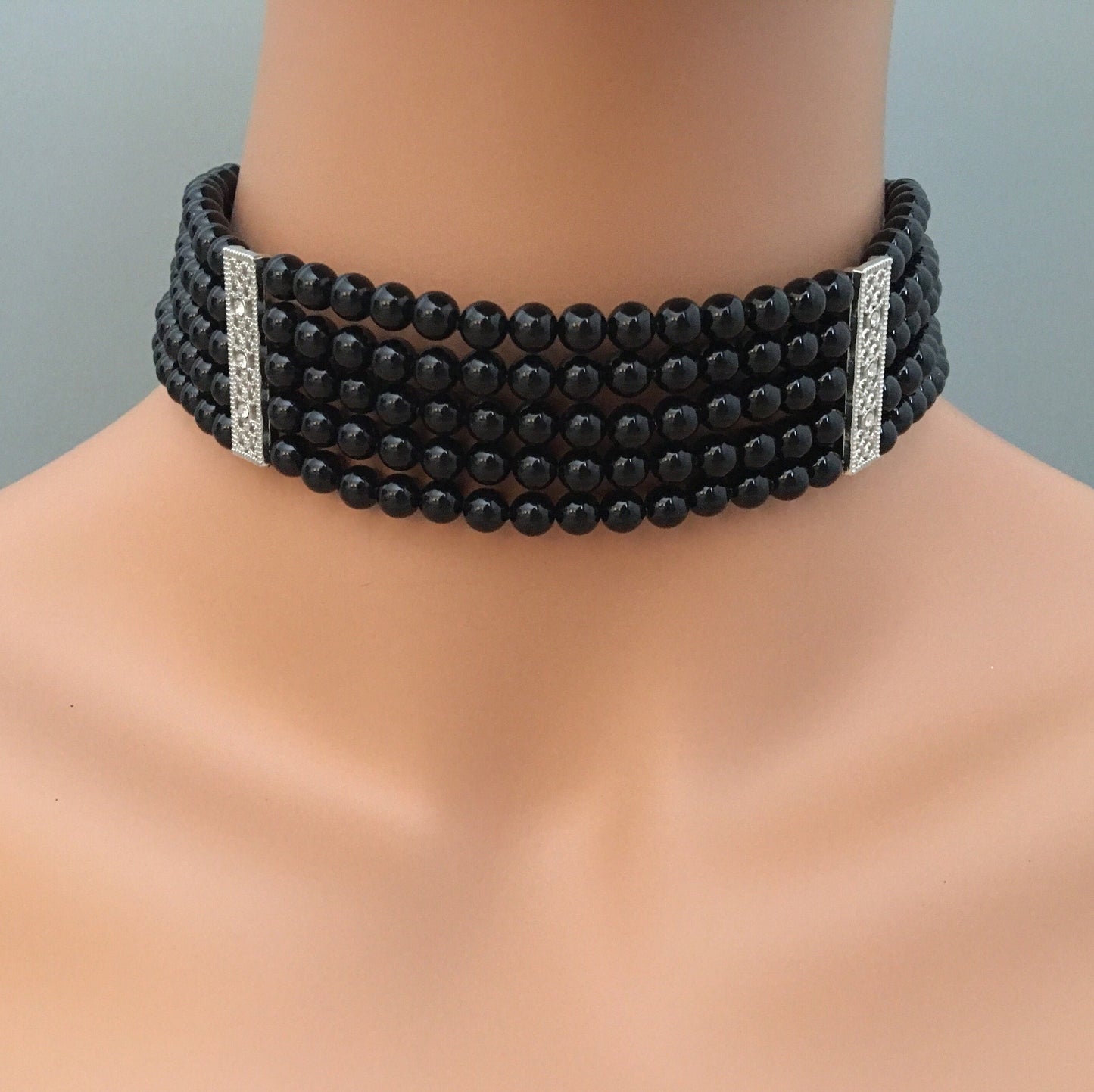 Black Pearl Choker Necklace 5 strands Swarovski Pearls in Mystic Black or your choice of color Goth Great Gatsby Art Deco flapper