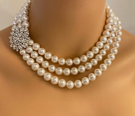 Chunky Pearl Necklace with Rhinestone Brooch 3 strands of Large 10mm Crystal Pearls in Cream or White