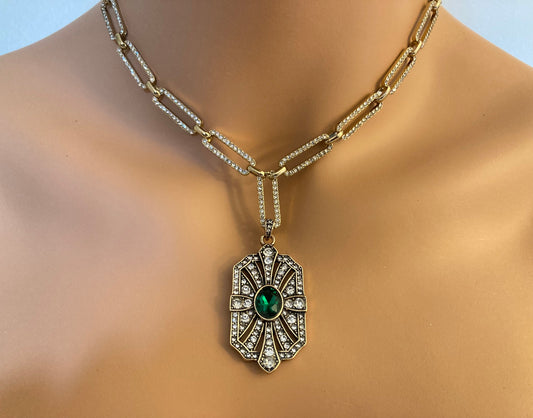Gold Art Deco Necklace with Emerald Green and clear rhinestones Edwardian Necklace delicate historical wedding jewelry cosplay vintage antiq