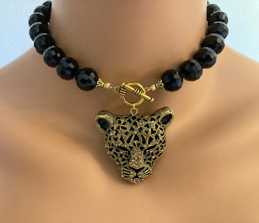 Black Panther Necklace Choker in antiqued gold with rhinestone panther Toggle Choker Neckkace in black crystal
