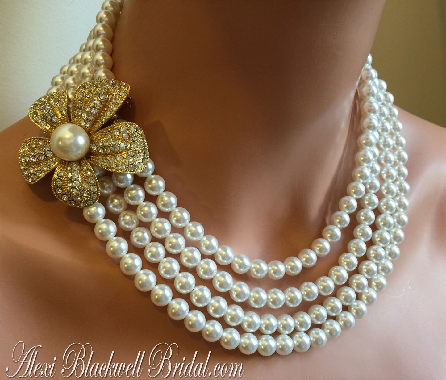 Pearl Statement Necklace with Brooch and Earrings Gold or Silver 4  Strands Crystal Pearls elegant Wedding jewelry Mother of the groom
