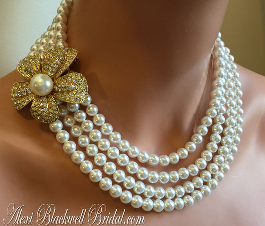 Pearl Statement Necklace with Brooch and Earrings Gold or Silver 4  Strands Crystal Pearls elegant Wedding jewelry Mother of the groom